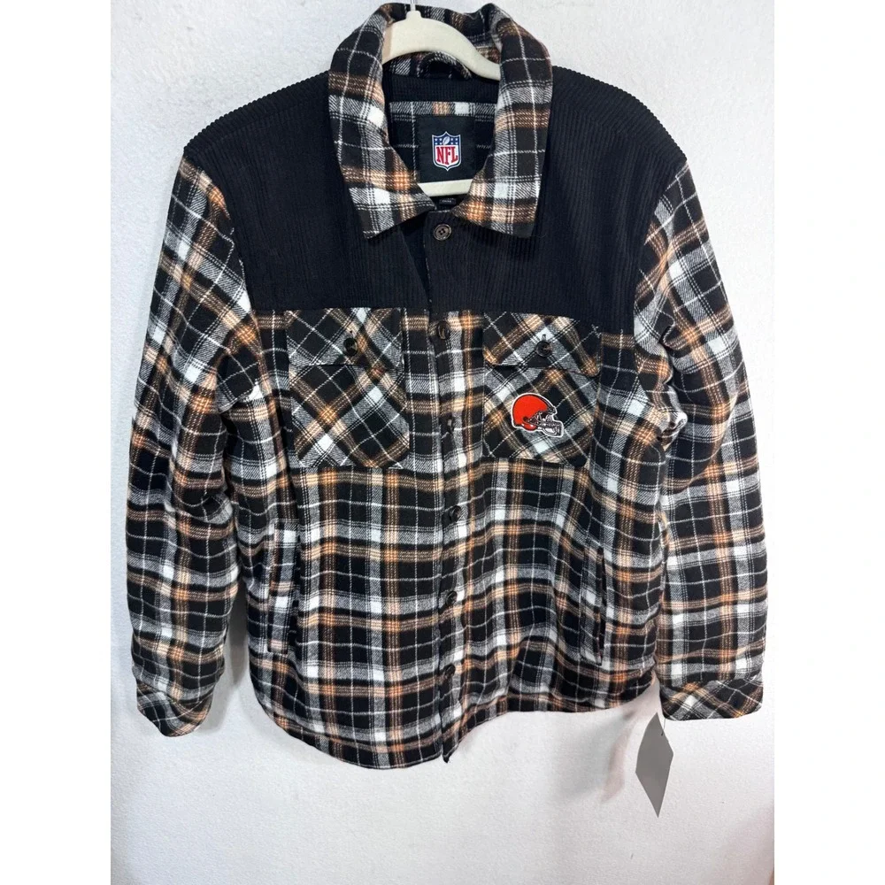 NFL Cleveland Browns Plaid Quilted Thermal Zip Heavy M Jacket Football Cabincore